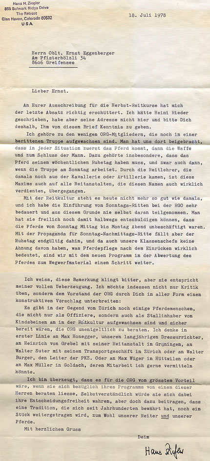 Brief von H. Ziegler an Oblt. Ernst Eggenberger